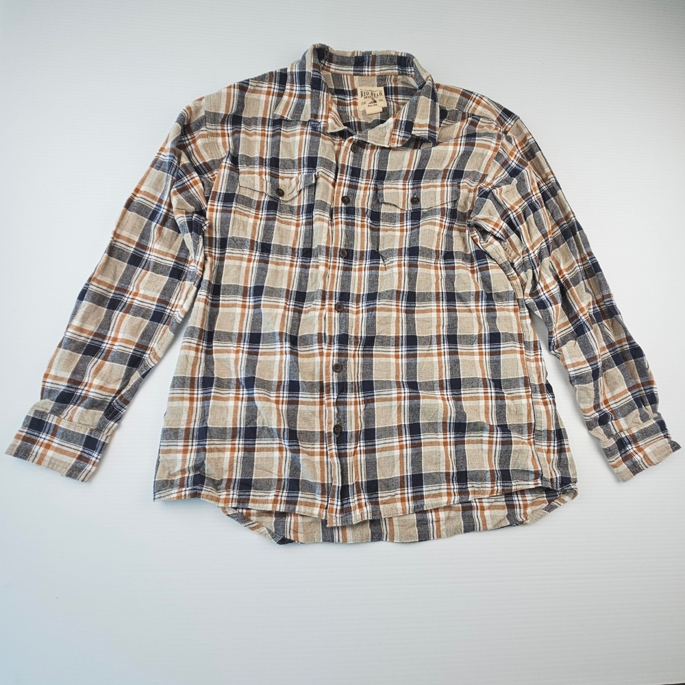 Red Head Brand Mens Plaid Flannel Shirt Large Tan Navy Orange Cotton 602F11131